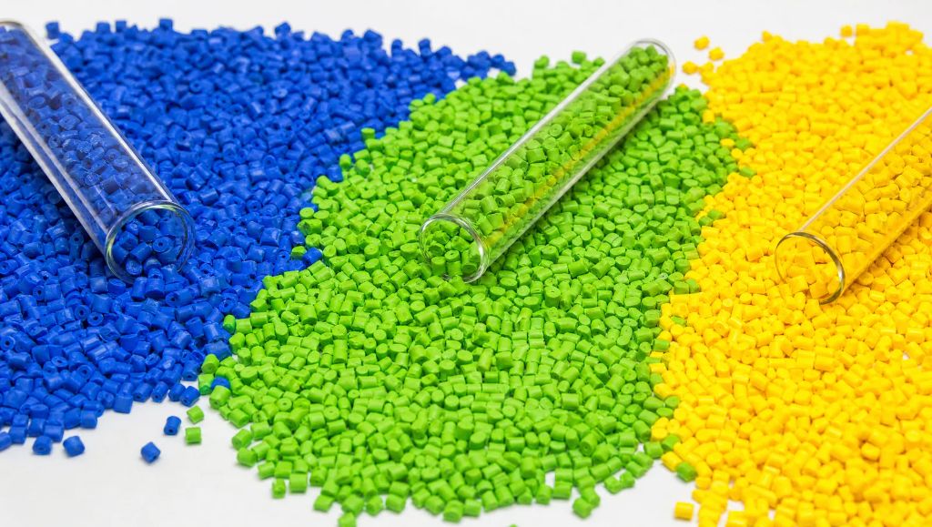 Coloured polymer pellets, a cross-section of the DS Plastic resin library